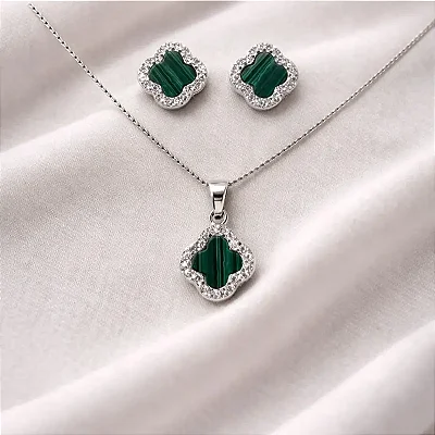 colar pingente + brinco Van Cleef verde maquita com zircônias ao redor CJ044 (Prata 925)