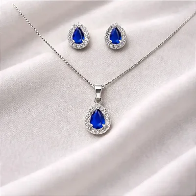 Colar pingente + brinco gota central azul safira e zircônias cravejadas ao redor CJ046 (Prata 925)