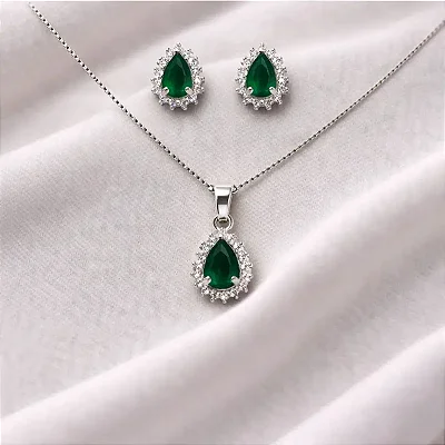 colar pingente + brinco gota central verde e zircônias cravejadas ao redor CJ048 (Prata 925)