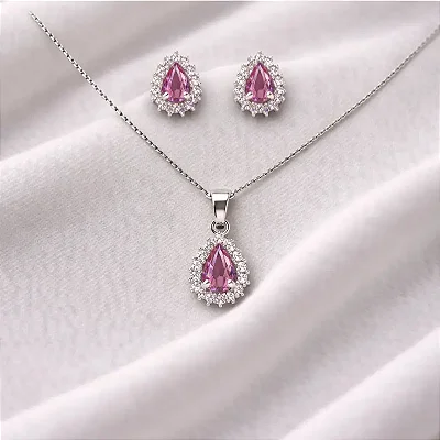colar pingente + brinco gota central rosa claro e zircônias cravejadas ao redor CJ050 (prata 925)