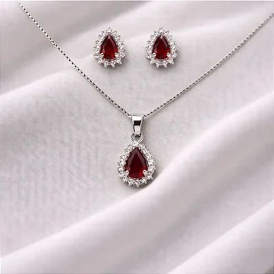 colar pingente + brinco gota central vermelho e zircônias cravejadas ao redor CJ051 (prata 925)
