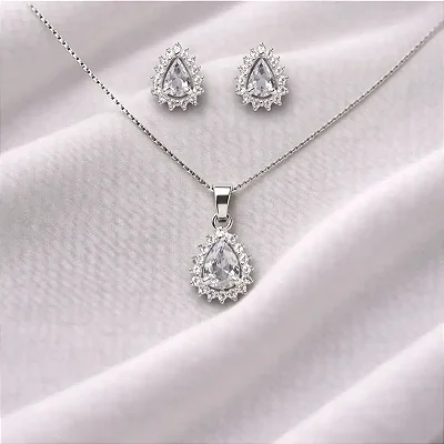 colar pingente + brinco gota central branca e zircônias cravejadas ao redor CJ052 (prata 925)