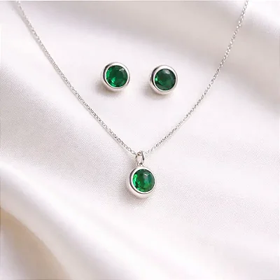 CONJUNTO COLAR + BRINCO PEDRA REDONDA VERDE CJ056 (prata 925)