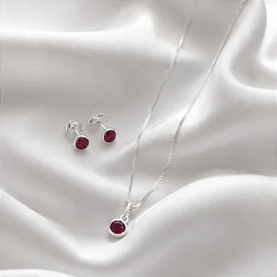 CONJUNTO COLAR + BRINCO PEDRA REDONDA VERMELHA CJ057 (prata 925)