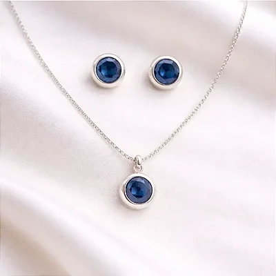 CONJUNTO COLAR + BRINCO PEDRA REDONDA AZUL CJ058 (prata 925)