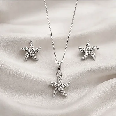 Conjunto brinco + colar estrela do mar com zircônias cravejadas CJ065 (prata 925)