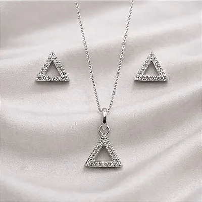 Conjunto brinco + colar com triângulo cravejado ao redor CJ068 (prata 925)