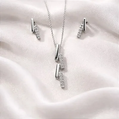 Conjunto brinco + colar palitinho liso e cravejado de zircônia branca CJ069 (prata 925)