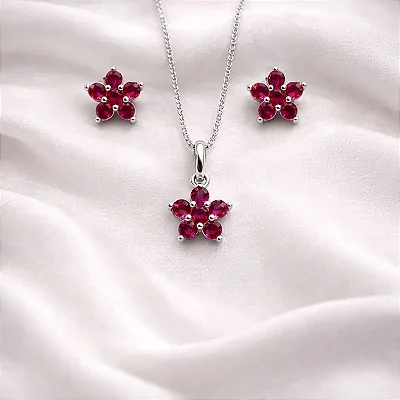 Conjunto brinco + colar flor rosa pink CJ071 (prata 925)