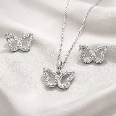Conjunto brinco + colar borboleta vazada cravejada de zircônias brancas CJ072 (prata 925)