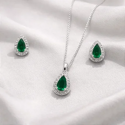 Conjunto brinco + colar gota verde esmeralda central e zircônias brancas ao redor CJ075 (prata 925)
