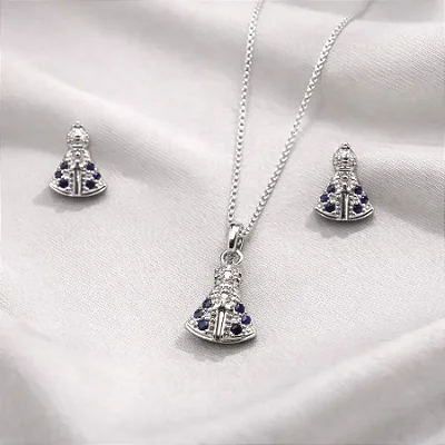 Conjunto brinco + colar Nossa Senhora cravejada com zircônias azul CJ076 (prata 925)