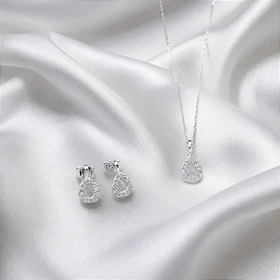 Conjunto colar + brinco gota vazada cravejada de zircônias brancas CJ078 (prata 925)