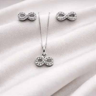 Conjunto brinco + colar infinito vazado com zircônias cravejadas CJ083 (prata 925)