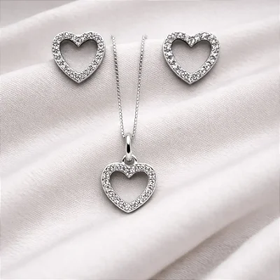 Conjunto brinco + colar coração vazado G com zircônias cravejadas CJ084 (prata 925)