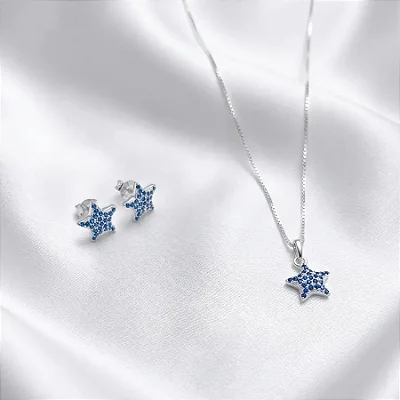 Conjunto brinco + colar com estrela azul CJ086 (prata 925)