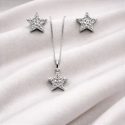 Conjunto brinco + colar estrela preenchida com zircônias cravejadas CJ087 (prata 925)