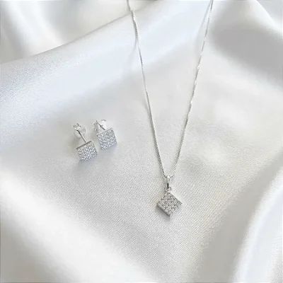 conjunto quadrado cravejado CJ088 (prata 925)