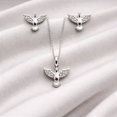Conjunto colar + brinco espírito santo com zircônias brancas cravejadas CJ089 (prata 925)