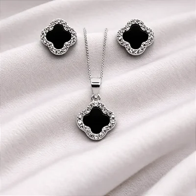 Conjunto colar + brinco Vancleef Preto Onix com zircônias brancas cravejadas CJ091 (prata 925)