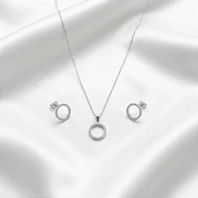 Conjunto brinco + colar circulo cravejado CJ093 (prata 925)