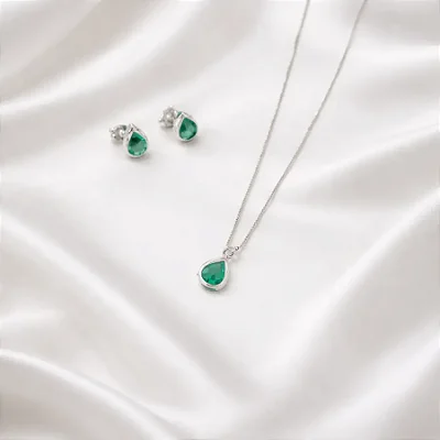 CONJUNTO + COLAR GOTA VERDE ÁGUA CJ106 (prata 925)
