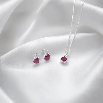 CONJUNTO + COLAR GOTA ROSA PINK CJ107 (prata 925)