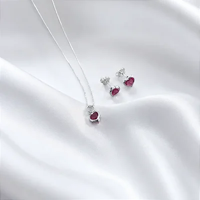 CONJUNTO + COLAR CORAÇÃO ROSA PINK CJ110 (prata 925)