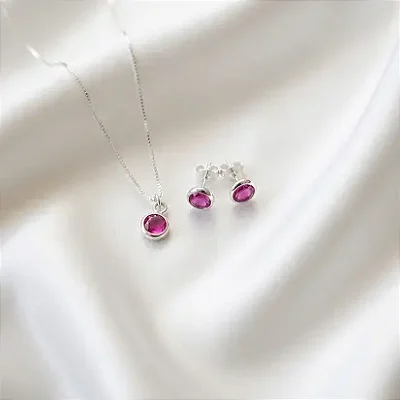 CONJUNTO + COLAR REDONDO ROSA CJ112 (prata 925)