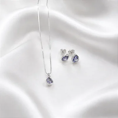 CONJUNTO + COLAR GOTA LILÁS CJ118 (prata 925)