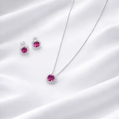 CONJUNTO + COLAR RENDOCO CRAVEJADO PINK CJ120 (prata 925)