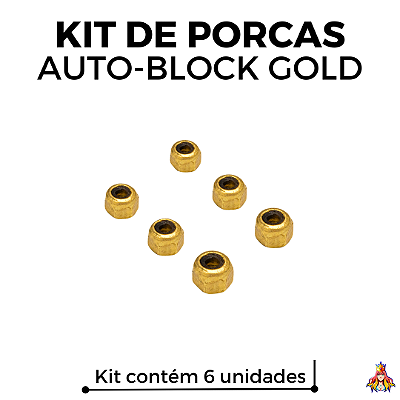 Kit 6 Porcas Auto-Block *Custom* Douradas ''Golden Nuts'' (6 unidades)(Anti-loose)