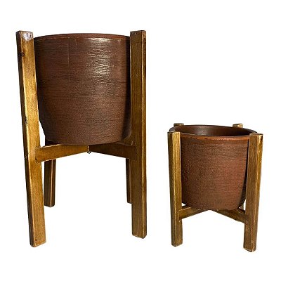 Conjunto de Vaso de Planta com Suporte de Madeira Decorativo