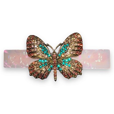 Presilha Borboleta | Bico de pato com base rosa e borboleta dourada e verde com strass