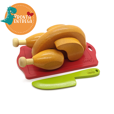 Brinquedo de Madeira Comidinha - FRANGO ASSADO COM CORTE + TÁBUA + FACA - NEWART TOYS