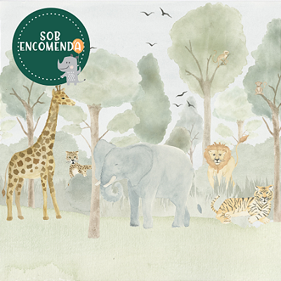 PAINEL de Parede Infantil - FLORESTA VERDE COM BICHOS AQUARELADOS