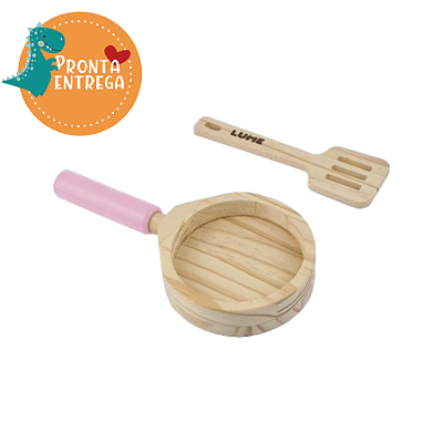 Brinquedo de Madeira - Brincar de Comidinha - KIT FRIGIDEIRA E ESPÁTULA ROSA