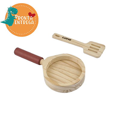 Brinquedo de Madeira - Brincar de Comidinha - KIT FRIGIDEIRA E ESPÁTULA TERRACOTA