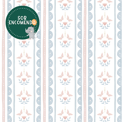 PAPEL de Parede Infantil - LISTRAS ONDINHAS COM FLORES E BORBOLETAS
