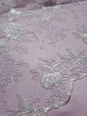 Tule Bordado Branco Gelo - Barra Bordada