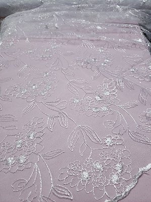 Tule Bordado Branco - Folha Vazada