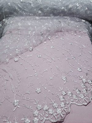 Tule Bordado Branco - Barra Estreita