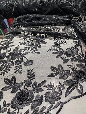 Tule Bordado 3D - Preto