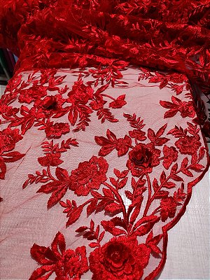 TULE BORDADO 3D - VERMELHO