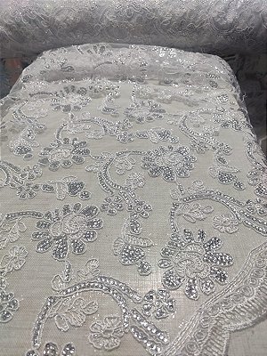 TULE BORDADO COM PAETE PRATA - MARGARIDA