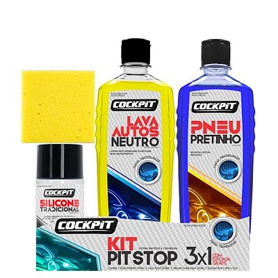 Kit Pit Stop 3 X 1 Cockpit - Lavagem Automotiva - Shampoo - Pretinho - Silicone - Limpeza Automotiva