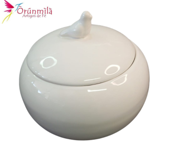 Sopeira Branca com detalhe de um pombinho na ponta da tampa