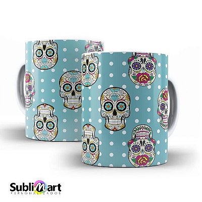 CANECA CAVEIRA MEXICANA FUNDO AZUL PORCELANA 325ML BRANCA
