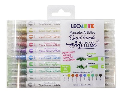 Caneta Brush Dual Pen LeoArte Metálico Kit com 10 cores
