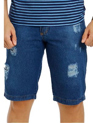 Bermuda Jeans Masculina Tradicional Azul com Puídos Caais